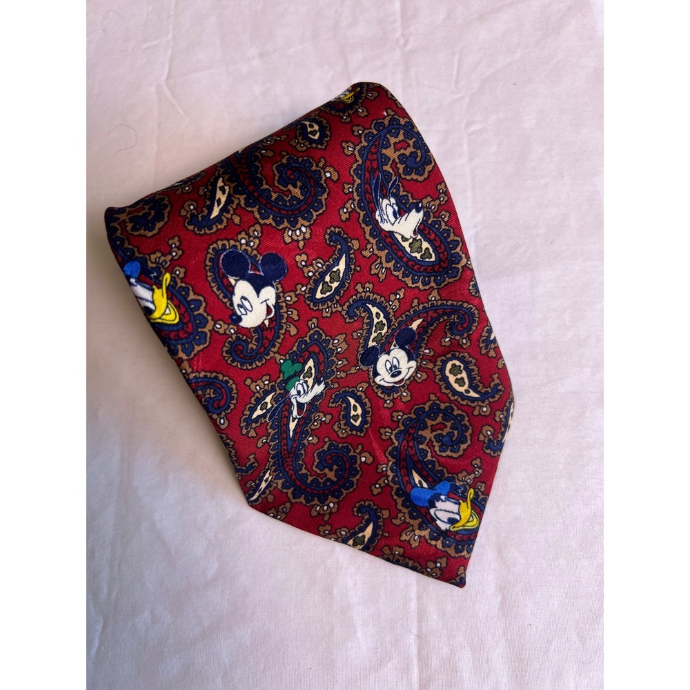 Disney Mickey Unlimited Necktie OS Red Paisley Vintage 90s Mickey Donald Goofy